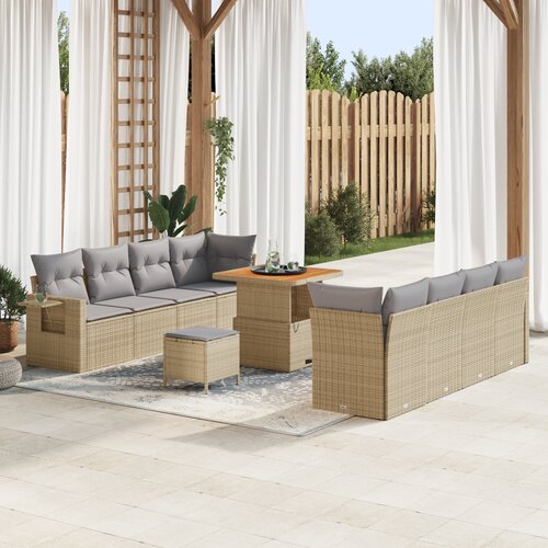 vidaXL 11-delni set zunanjih sofa z blazinami bež poli ratan akacije Cene