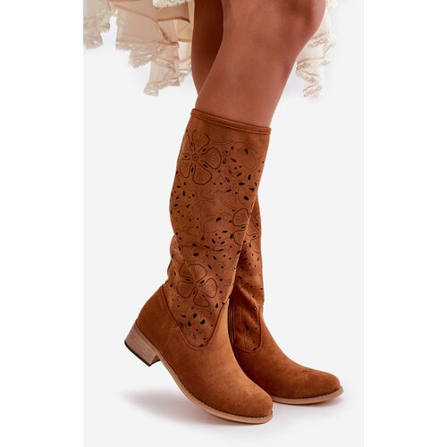 Boto Women's Low Heel Cutout Boots in Faux Suede with Zip Closure Camel Orchides Cene