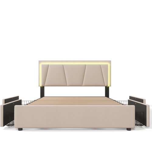 Lumor Oblazinjena postelja 140x200 cm iz lanu – z 2 predaloma, LED in letvenim dnom – bež, (22151102) Cene