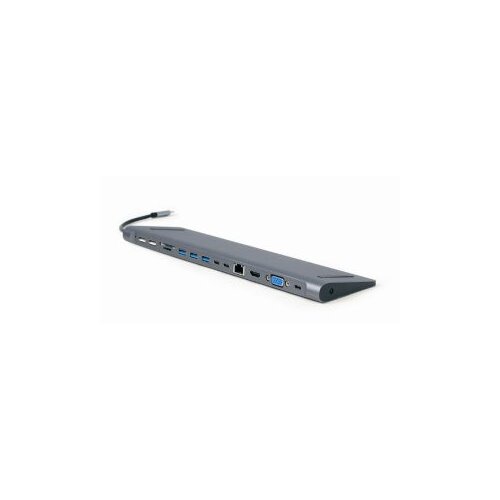 Docking station USB adapter Type-C 9-in-1 multi-port adapter, USB hub + HDMI + VGA + PD + card reader + LAN + audio, space grey GEMBIRD A-CM-COMBO9-01 Slike