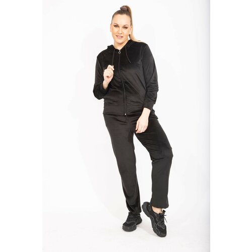 Şans Women's Plus Size Black Velvet Fabric Sweatshirt Trousers Double Suit Slike