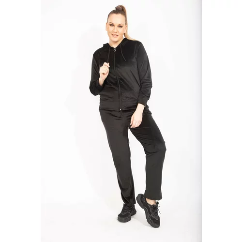 Şans Women's Plus Size Black Velvet Fabric Sweatshirt Trousers Double Suit