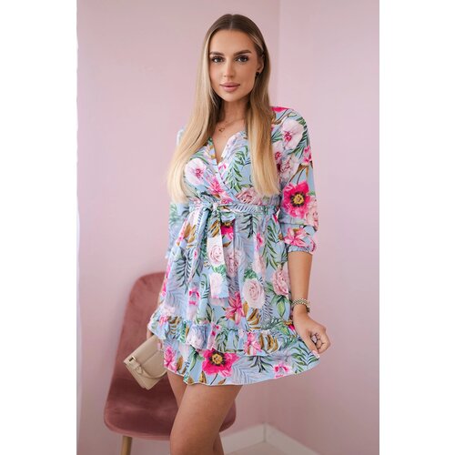Kesi Floral dress with tie at the waist in azure color Cene