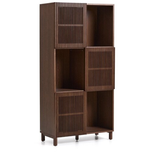 Kave Home Temno rjav regal v orehovem dekorju z drsnimi vrati 84,5x170x42,5 cm Beyla &amp;ndash; Slike