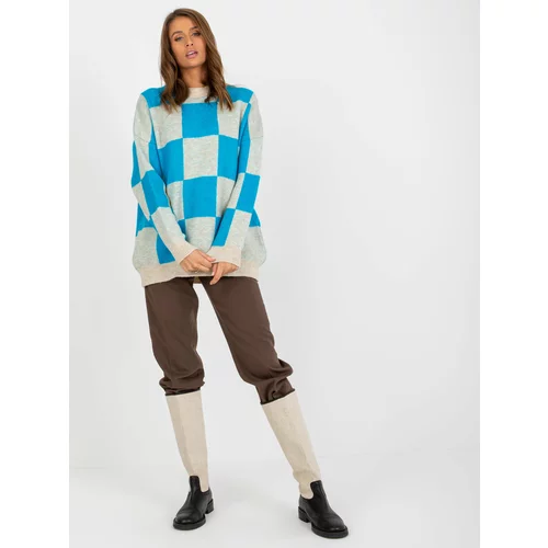 Fashion Hunters Oversized blue and beige checkered sweater for women
