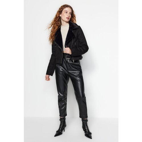 Trendyol Black Premium Plush Detailed Crop Suede Biker Jacket Coat Slike