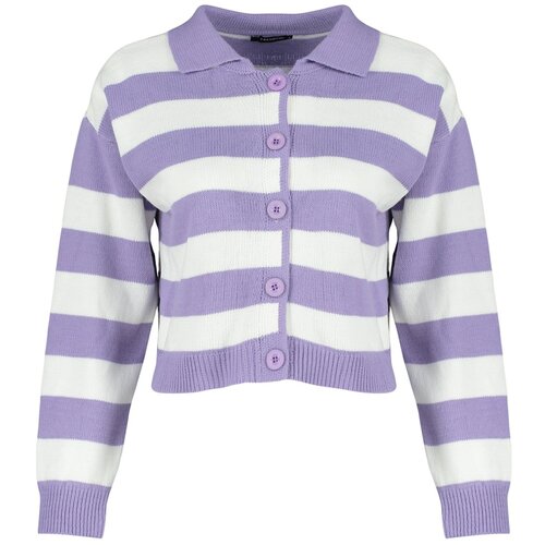 Trendyol Lilac Polo Collar Striped Knitwear Cardigan Slike