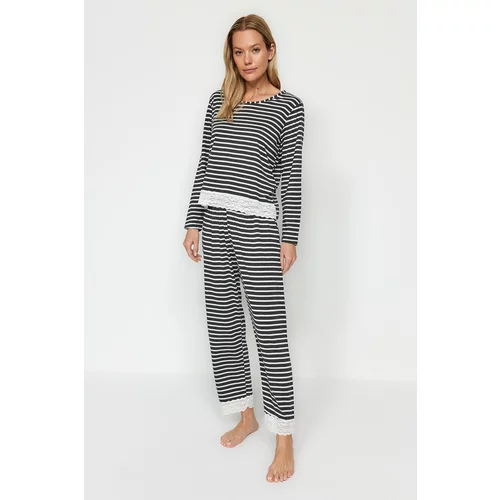 Trendyol Anthracite Stripe with Lace Detailed Tshirt-Pants, Knitted Pajamas Set