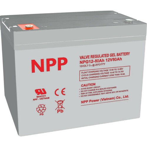 NPP NPG12V-80Ah, GEL BATTERY, C20=80AH, T16, 330x171x214x220, 22,6KG, Light grey Slike