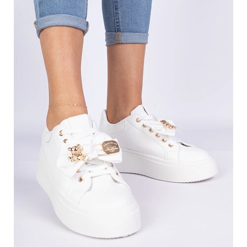 Gemre White sneakers decorated with a bow and a golden teddy bear Karinka Cene