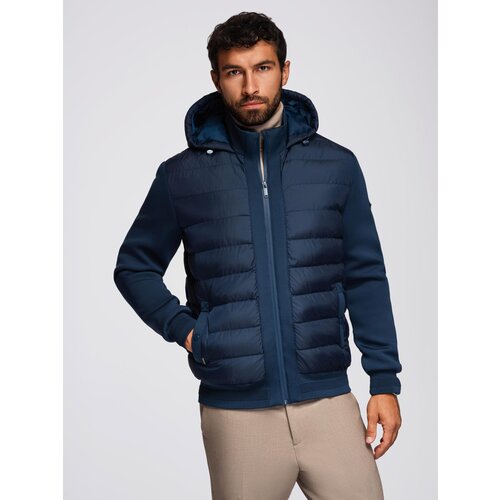 Ombre Quilted bomber jacket with hood and knitted sleeves - navy blue Slike