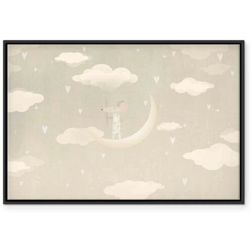  Slika - Little Conqueror - A Mouse in Heart Pajamas on the Moon Among Clouds 120x80 U crnom drvenom okviru Slike
