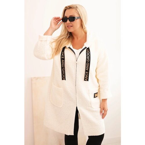 Kesi Włoski Plus Size women's coat made of faux fur with a hood and pockets ecru Cene