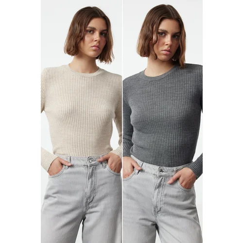 Trendyol Anthracite-Beige Double Pack Knitwear Sweater