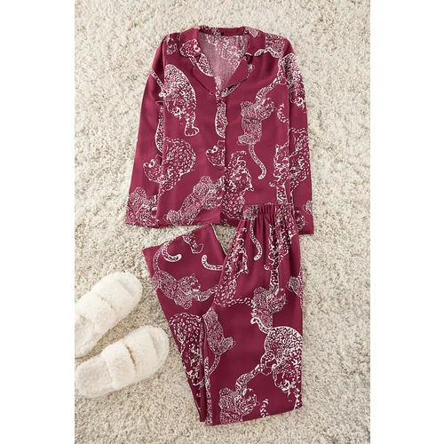 Trendyol Claret Red Animal Patterned Viscose Woven Pajama Set