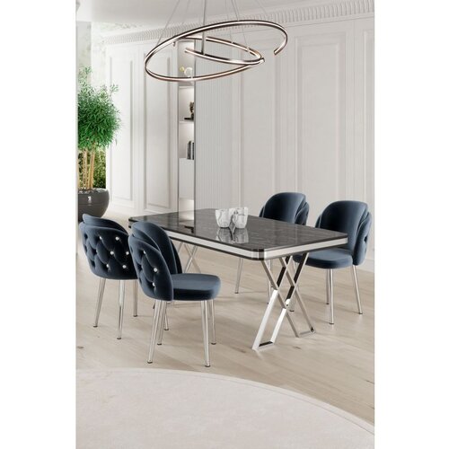 Hanah home Rigel - Black Marble, Chrome, Anthracite Black MarbleChromeAnthracite Dining Table & Chairs Set (5 Pieces) Cene