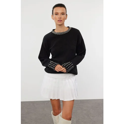 Trendyol Black Soft Textured Stone Embroidered Knitwear Sweater