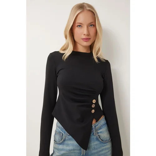 Happiness İstanbul Women's Black Buttoned Gathered Asymmetrical Cutout Knitted Blouse