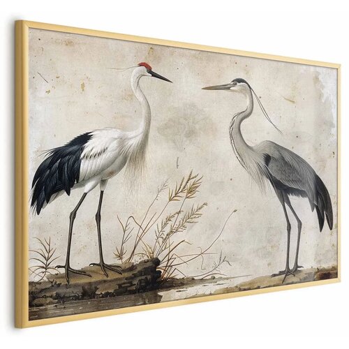  Plakat - Birds from an Old Engraving - vintage-style illustration of a heron and a crane 90x60 Zlatni okvir Cene