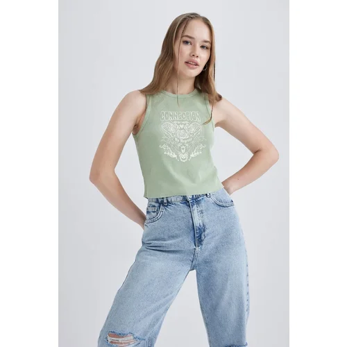 Defacto Cool Fitted Printed Ribbed Camisole Washed Pale Effect Undershirt