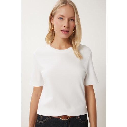 Happiness İstanbul Women's White Cotton Basic Knitted T-Shirt Slike