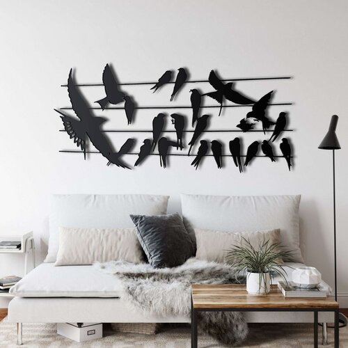 Wallxpert metalni zidni ukras 5023, ptice na žicama, 60 x 28 cm, crni Cene