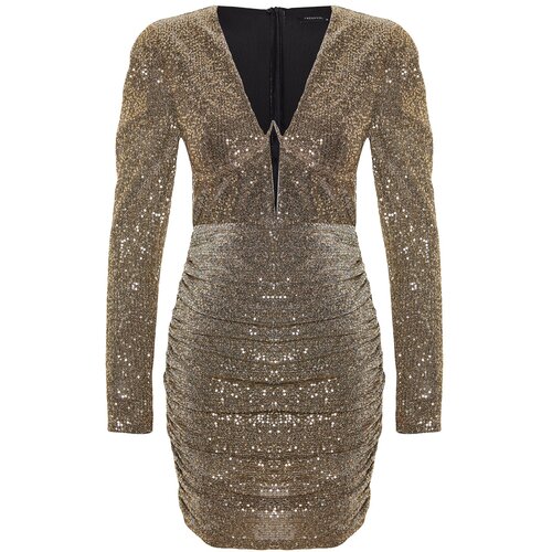 Trendyol Gold Fitted Evening Dress with Sequins and Sequins Slike