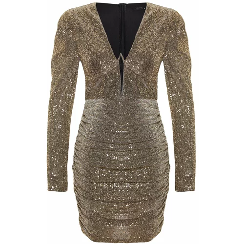 Trendyol Gold Fitted Evening Dress with Sequins and Sequins
