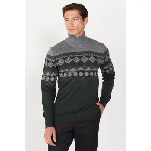 ALTINYILDIZ CLASSICS Men's Green-Grey Standard Fit Regular Fit Full Turtleneck Patterned Knitwear Sweater