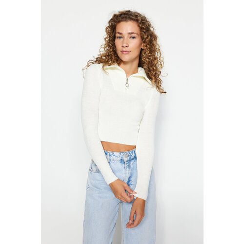 Trendyol Ecru Crop Zipper Detailed Knitwear Sweater Slike