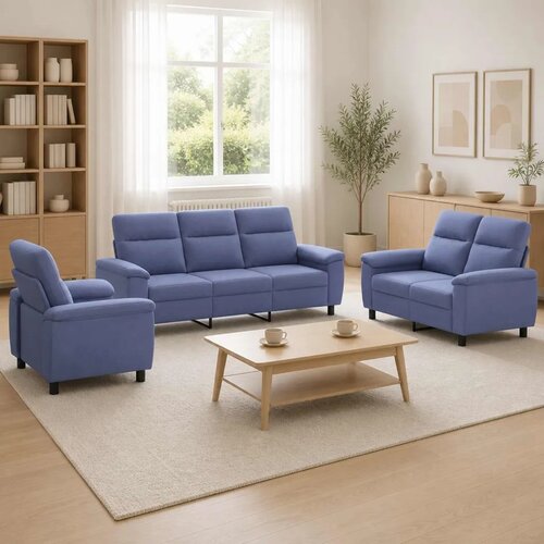  Set sofe 3 pcs Traper plava Tkanina - Trapere plave boje 1-sjedalna + 2-sjedalna (140 cm) + 3-sjedalna Cene