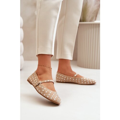 FD1 Embellished Ballerinas With Strap Eco Suede Beige Tirilissa Slike