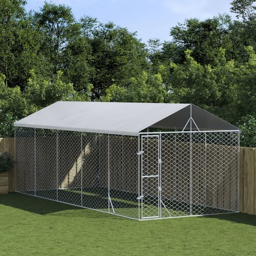 vidaXL Zunanja pasja ograda s streho srebrna 3x7,5x2,5 m pocink. jeklo - - Srebrna - 79.8 - 3 x 7.5 x 2.5 m - 2025- Cene