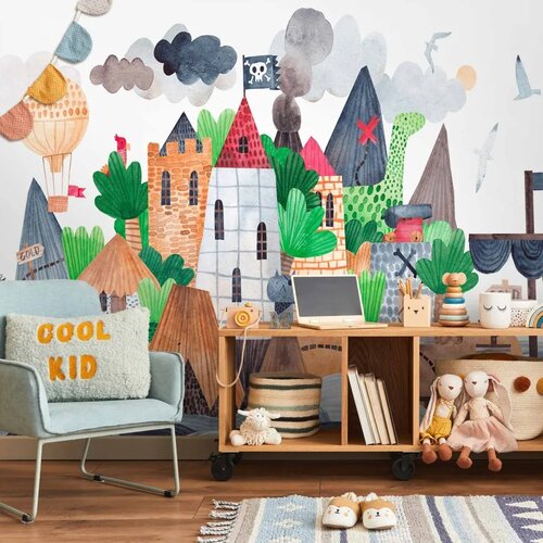  Foto tapeta - A colourful treasure island with a castle - a pirate ship at sea for children 200x140 Vodootporna Cene
