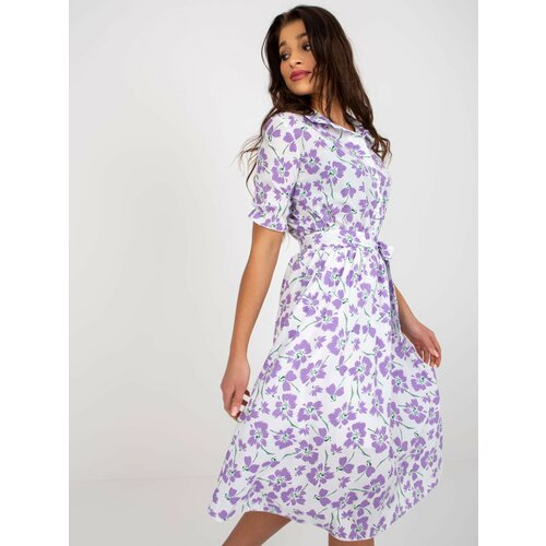 Fashion Hunters White-violet floral midi dress with belt Slike