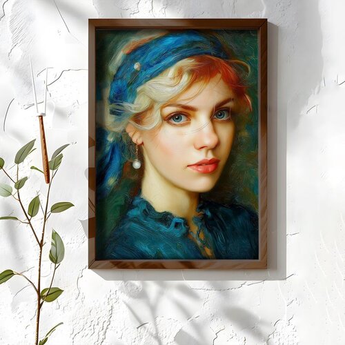 Wallxpert uramljena MDF slika NAL075-46, portret devojke sa plavom maramom i bisernom minđušom, u stilu uljane slike, 35,5 x 47 cm Cene