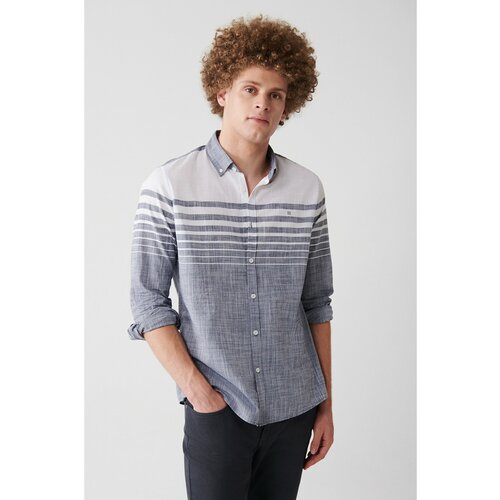 Avva men's navy blue 100% cotton buttoned collar linen look block striped slim fit slim fit shirt Cene