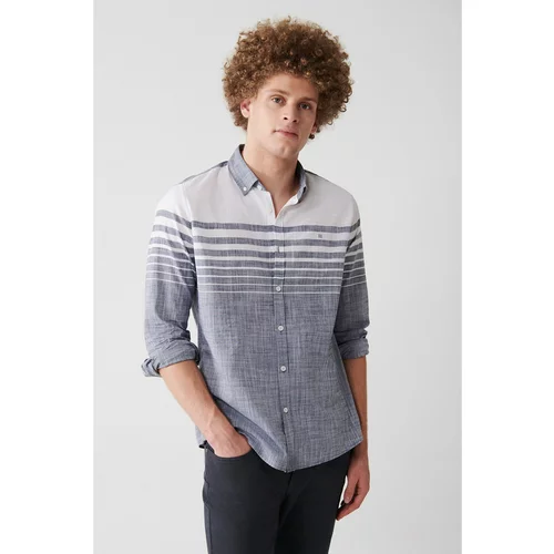 Avva Men's Navy Blue 100% Cotton Buttoned Collar Linen Look Block Striped Slim Fit Slim Fit Shirt