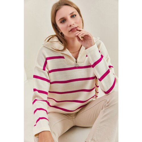 Bianco Lucci Women's Turtleneck Zipper Striped Knitwear Sweater Slike