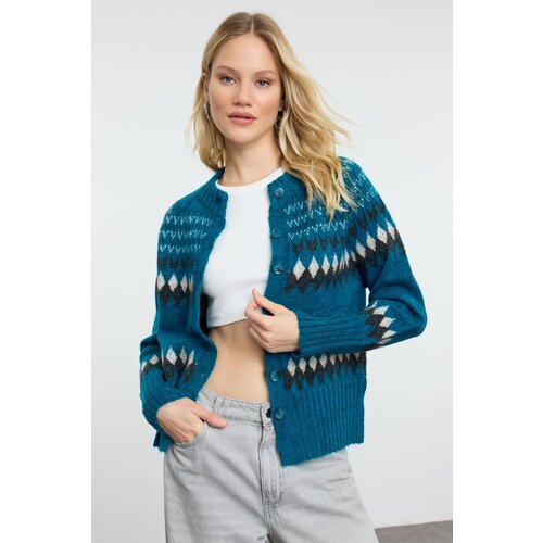 Trendyol Blue Soft Textured Geometric Patterned Knitwear Cardigan Cijene