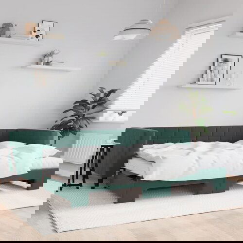 VidaXL Izvlečna dnevna postelja z vzmetnico tm. zelena 90x200 cm žamet Slike