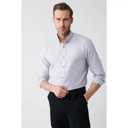 Avva Men's Light Gray Oxford 100% Cotton Buttoned Collar Standard Fit Regular Cut Shirt