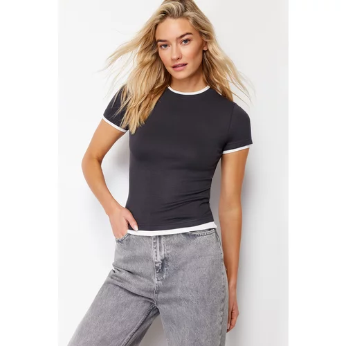Trendyol Anthracite Viscose/Soft Fabric Color Block Stretchy Knitted T-Shirt