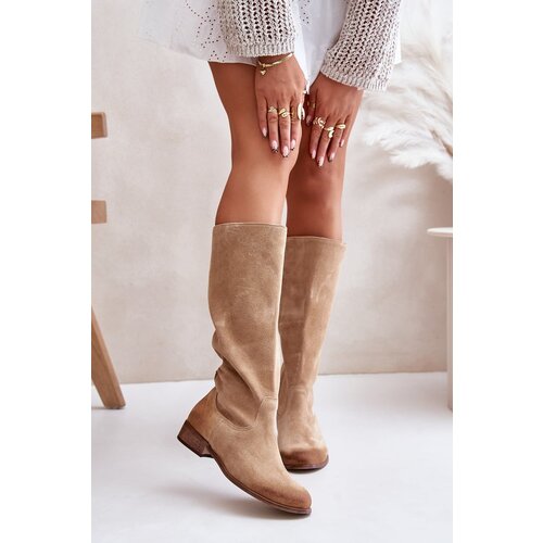 Zazoo Suede Knee-High Boots With Zipper Beige Lewski 3616 Cene