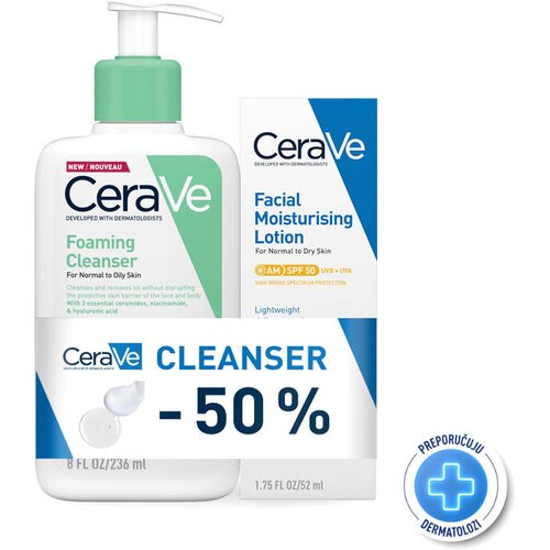 CeraVe Gel za čišćenje normalne do masne kože, 236 ml + Hidratantna nega za lice za normalnu i suvu kožu SPF50, 52 ml Slike