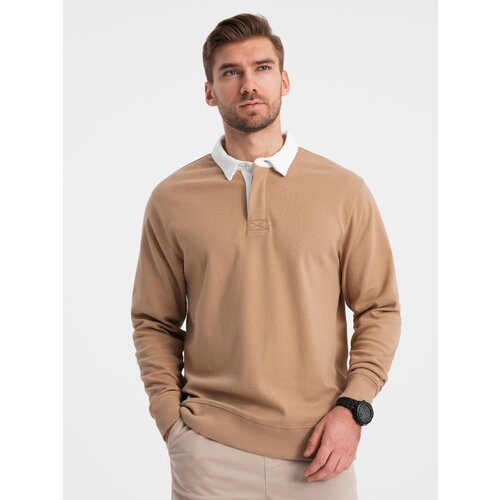 Ombre Men's sweatshirt with white polo collar - light brown Slike