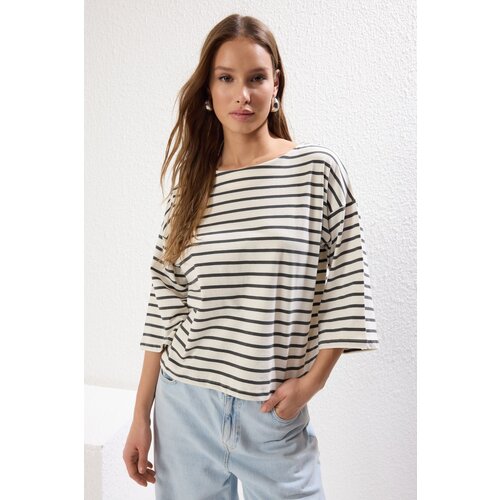 Trendyol Anthracite Striped Relaxed/Comfortable Pattern Three Quarter Sleeve Knitted T-Shirt Cene