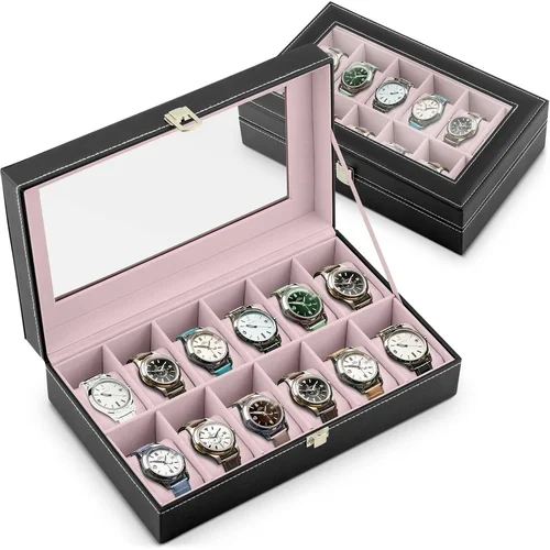 Massido MS-710 watch box for 12 timepieces in black and salmon, (21740345)