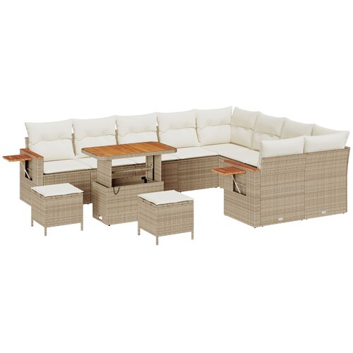 VidaXL 12-dijelni vrtni sofa set s jastucima bež poli ratan akacija, 3-dijelni vrtni blagovaonski set s jastucima bež poli ratan akacija Slike