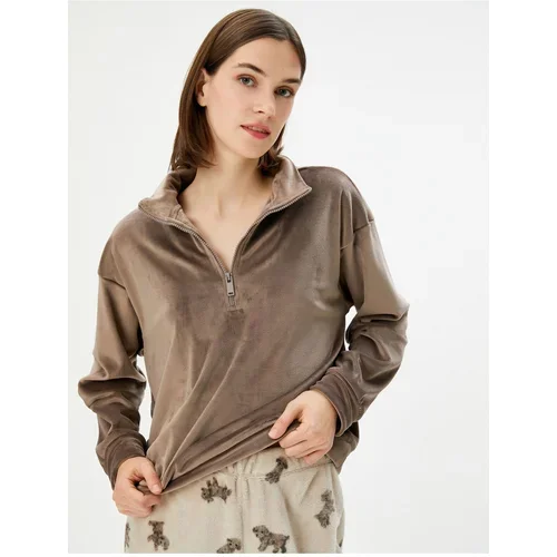 Koton Velvet Pajama Top with Half Zipper Polo Neck